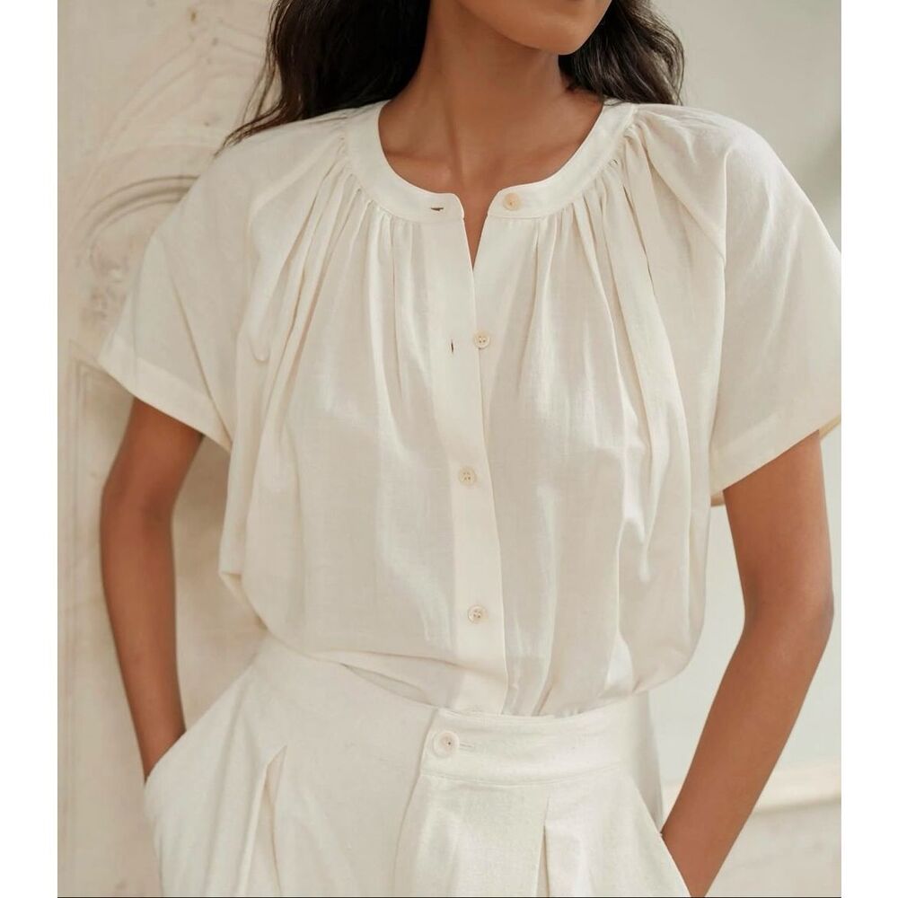 Jenni Kayne willow blouse cream linen quiet luxury essential Sm $200 D12